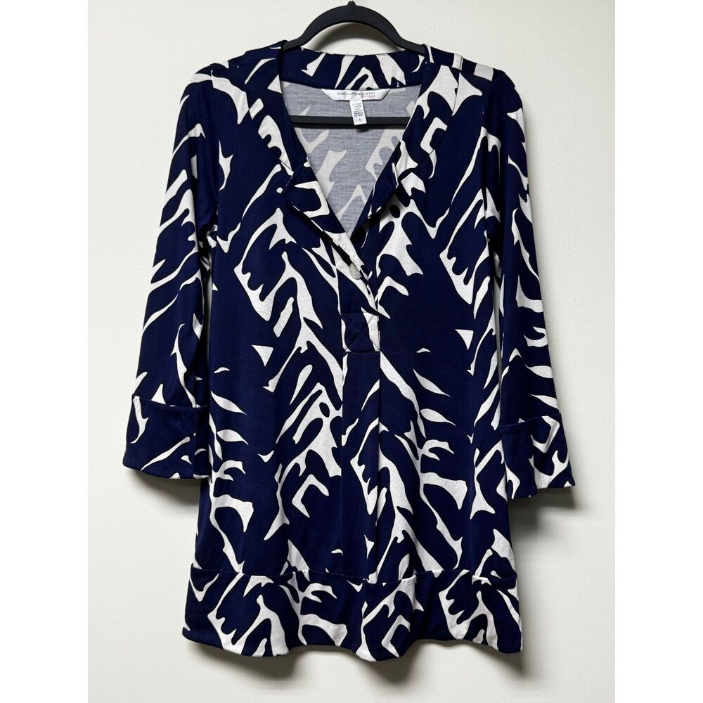 DIANE von FURSTENBERG Vintage Navy/White 100% Silk Tunic Blouse, Sz 8
